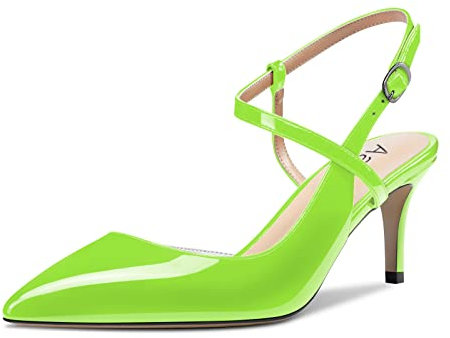 Aachcol Donna Slingback Pumps Cinturino alla Caviglia Scarpe Spillo Medio Tacco Heel Chiusa a Punta Scarpe 6.5 CM Verde Lime Verniciata 37 EU