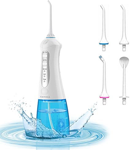 Irrigador dental eléctrico de UREWELL con 3 modos y 4 boquillas, IPX7, resistente al agua, USB portátil, 300 ml, irrigador bucal inalámbrico para familia y viajes