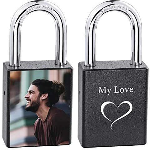INBLUE Personalisiertes Liebesschloss, Individuelles Bild/Gravur, Foto für Paare, Freund, Freundin, Liebhaber, Aluminium, Erinnerung, Jahrestag, Valentinstag, Brücke, Vorhängeschloss mit Schlüssel
