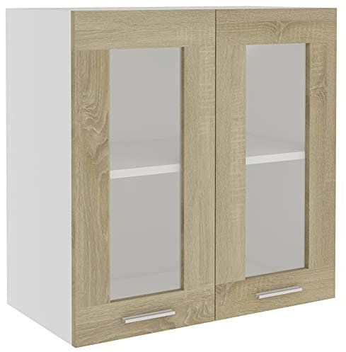 Tidyard Hängeglasschrank Einbauküche Küchenmöbel 60 x 31 x 60 cm (B x T x H) Hängeschrank Hängeglasschrank Aufbewahrungsschrank Küchenzeile Küchenschrank Mit 2 Regalböden 2 Türen,Spanplatte,Glas