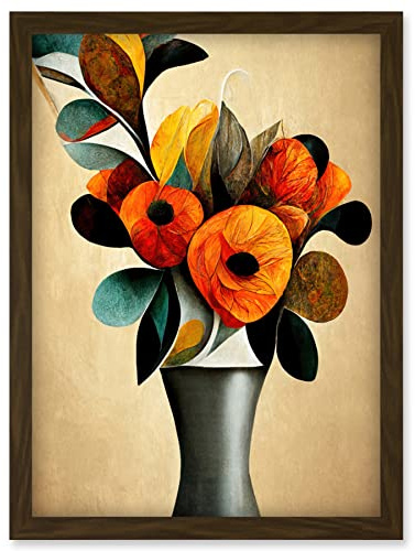 Doppelganger33 LTD Abstract Autumn Field Flower Bouquet Silver Vase Orange Artwork Framed Wall Art Print A4