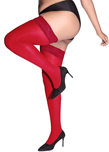 HONENNA Halbdurchsichtig Halterlose Strümpfe für Damen, Großen Größen Spitze Stay Up Nylon Strumpfhosen mit 40 DEN, 1 Paar Burgundisch, 3XL-4XL