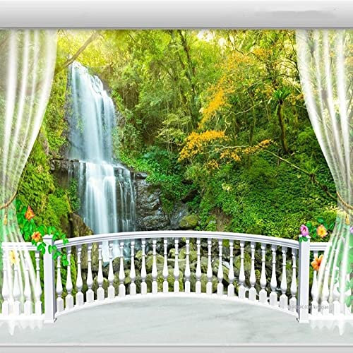 XAONUO Automne Papier Peint Photo 3D Optique Cascade Arbres Vert Trompe L Oeil | Déco Mural Tableaux Muraux Photo 400X280Cm Mural Décor Motif Poster Géant Stickers Muraux Optique Fond Effet