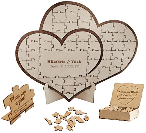 Personalisiertes Hochzeitspuzzle Gästebuch Alternative Custom Holz Herz Puzzle Gästebuch Schild Rustikales Gästebuch Hochzeit Dekor für Party Verlobung Empfang Jahrestag (56 Pieces)