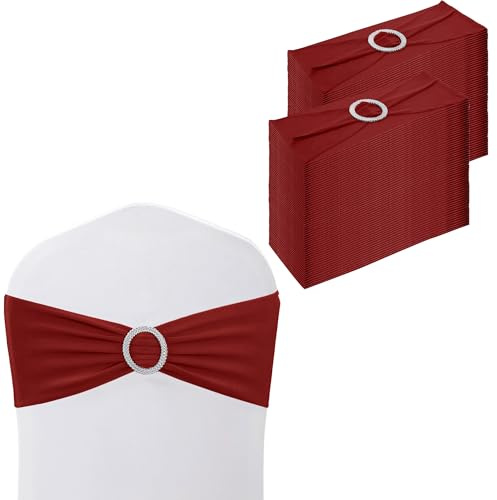 WedDecor Plain Spandex Chair Bands with Slider Buckle, Claret, 100pcs