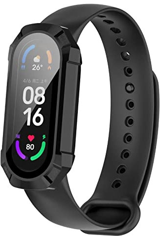 TINGYR Coque pour Xiaomi Band 6 NFC, PC + Trempé pour Protéger L'écran, Anti-Chute, Durable Tout Inclus Regardez Étui de Protection pour Xiaomi Band 6 NFC.（Noir）