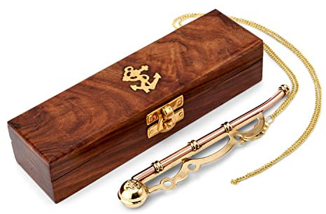 NKlaus 16cm Maritim Bootsmannspfeife mit Kette in der Holzbox aus Messing und Kupfer 11516