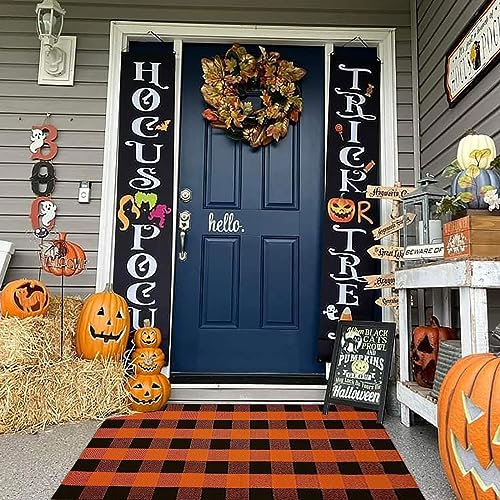 Orange and Black Plaid Rug, 35.4''x59'' Fall Outdoor Front Door Decorative Mat, Hand-Woven Rug for Layered Door Mats Washable Carpet for Porch, Entryway, Farmhouse, Autumn, Halloween
