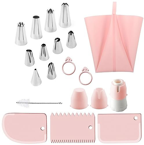 CHSEEO Profi-Spritzbeutel mit Tüllen, 18 Teilig Wiederverwendbar Backset mit Konverter, 12 Zoll Silikon Spritzbeutel, für zum Dekorieren von Torten, Cupcakes, Krapfen Torten Zubehör Set - Rosa