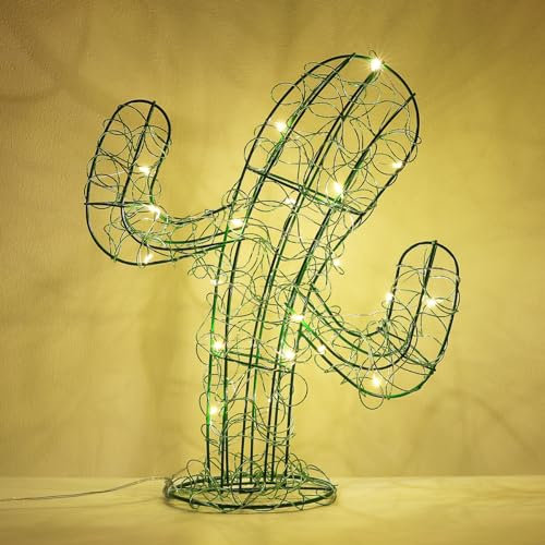 Kssiaz Cactus Table Lamp, Battery Operated Christmas Bedside Lamp with Warm Light, Wrapped Iron Nightstand Lamp, Decorative Light Gift for Xmas Party Garden Home, Kid's Bedroom Dcoration, Green