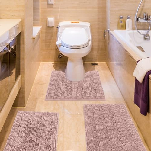 ACCUMTEK Gestreiftes Altrosa Badezimmerteppich-Set, 3-teilig, ultraweich, rutschfest, Chenille-Badteppich, saugfähig, Plüsch, zottelig, Badematten für Badezimmer, Toilette, Schlafzimmer, Küche
