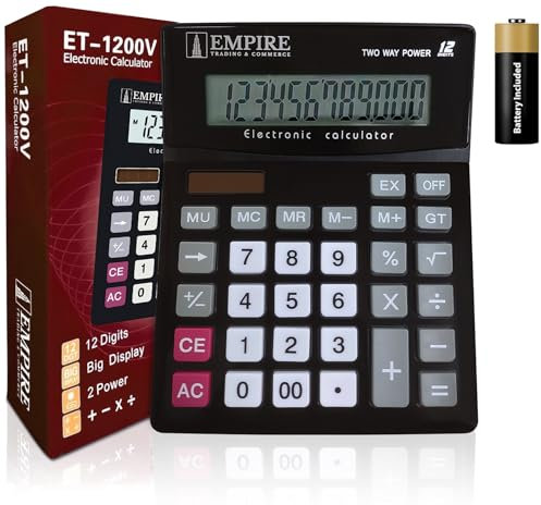 Empire Desk Calculator with Large Key Buttons, 12 Digits, Large Eye-Angled Display, Solar and Battery Powered for Home and Office (Battery Included)