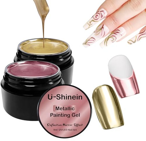 U-Shine Mirror Silver & Rose Golden Metal Painting Gel - Super Reflective, DIY Nail Art Paint Liner for Nails