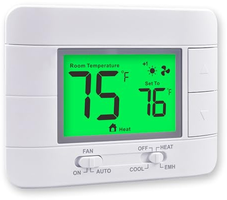 Garystat G721 Thermostat de Pompe à Chaleur Non programmable pour Maison 2 chauffes/1 Refroidissement, avec Moniteur de température et d'humidité et Grand écran LCD Vert