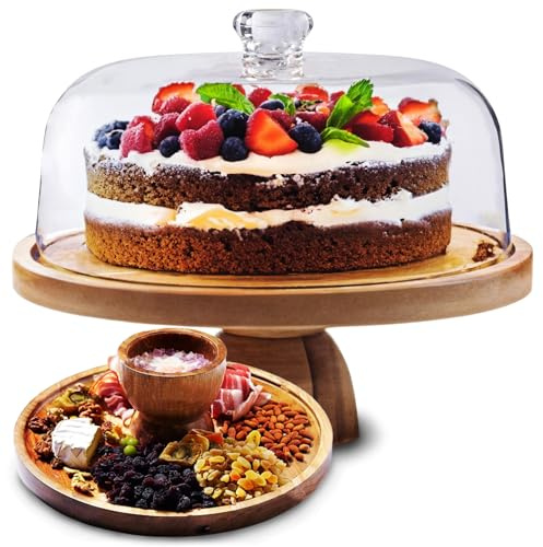 AZ-Homey Tortenständer mit Acrylkuppeldeckel 2-in-1 Multifunktionaler runder bruchsicherer Desserttisch Display Set mit Akazienholz Servierplatte, Gemüsetablett, Obstschale, Donutständer,