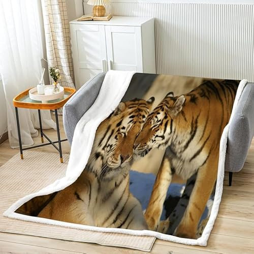 Tiger Sherpa Decke 130x150cm Kuscheldecke Flauschig Fleecedecke Tier Klein Winter Dicke Warm Kunstfelldecke für Kinder Knie Sofa Wohnzimmer