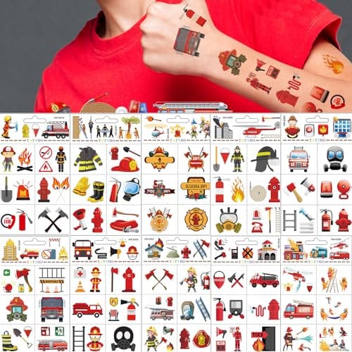ALEGRE® 10 Blätter Feuerwehr Tattoo Kinder Jungen Mädchen,160+ Kinder Tattoo Jungen,Kindertattoos Hautfreundlich Feuerwehr Aufkleber,Feuerwehrmann Tattoos für Kinder Jungs,Temporäre Feuerwehr Sticker
