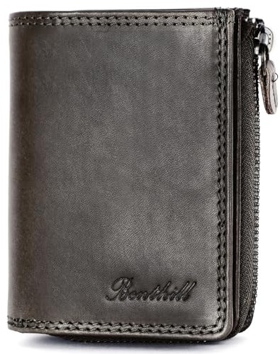Benthill Kleine Geldbörse Echt Leder | Damen & Herren Geldbeutel mit RFID Schutz | 7 Kartenfächer | Slim-Wallet inkl. Geschenkbox, Farbe:Grau