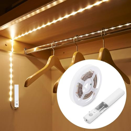 UNIKS 1.5M 45LED Luce Armadio Striscia LED Striscia a Batteria con Sensore di Movimento. 3000K Bianco Caldo Luce Notturna per Camera da letto, Guardaroba, Corridoio e scale.