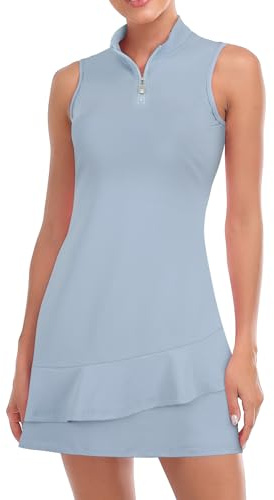 Viracy Tennis Dress for Women Sleeveless Golf Dresses with Shorts and Pockets Ruffle Zip Up Stand Collar Golf Outfits, Solid Haze Blue, M