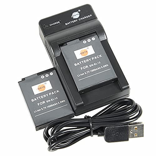 Lot de 2 batteries Li-ion DSTE 3,7 V EN-EL12 EN EL12 + chargeur micro USB compatible pour appareils photo Nikon KeyMission 360, 170, Coolpix AW100, AW100S, AW130