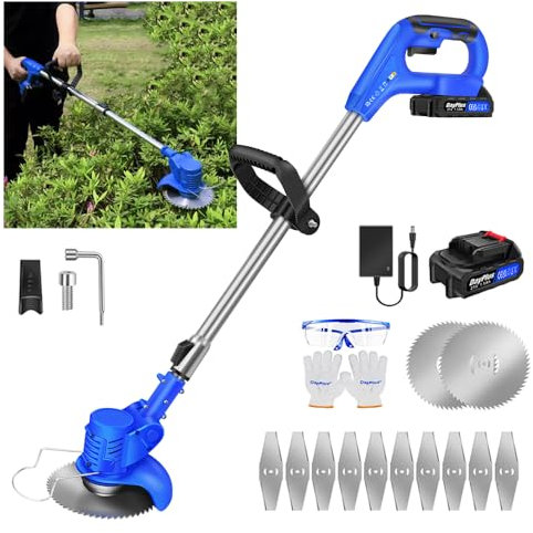 Cordless Grass Trimmer 21V Hedge Trimmer Cordless Strimmer with 2x Batteies and Charger, 10 Metal Blades, 2 Circular Saw Blades, Height Adjustable, Electric Grass Trimmer for Yard Lawn Garden Pruning