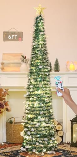 HMASYO Árbol de Navidad de oropel desplegable de 6 pies con 100 luces LED y control remoto, árbol artificial plegable, decoración de Navidad para el hogar, oficina, fiesta, luces de temporizador