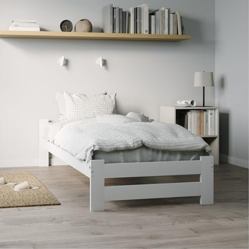 Holzbett 100x200 cm mit Lattenrost Modern Bett Bed Kiefer Massiv Bettgestell Einzelbett Massivholzbett Klassisch | Komfortabel & Langlebig | Skandinavisch Boho Landhaus Kopfteil flach weiß