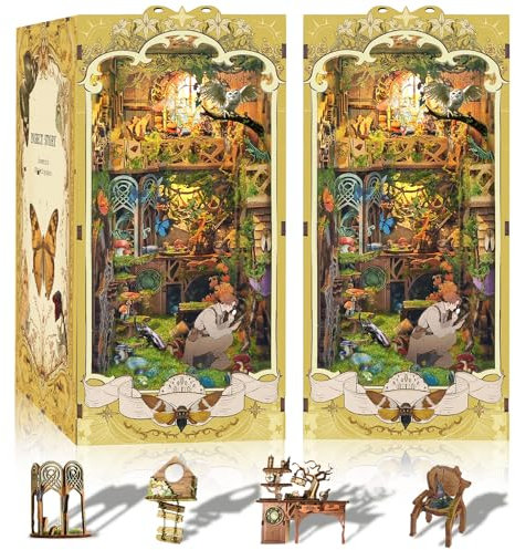 CRIOLPO Book Nook Kit-DIY Puppenhaus Holz Haus, Buch Ecke Miniatur Kit für Erwachsene Teens, 3D Holzpuzzle Bücherecke Bücherregaleinsatz mit Sensor Led Licht
