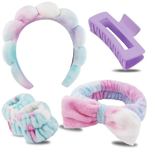 Spa Stirnband Damen, 2 Stück Make Up Haarband mit Handgelenk Waschband und Haarklammer, Abschmink Haarband Schwamm Stirnband Skincare Headband, Stylische Geschenke, Haarschmuck für Frauen Mädchen