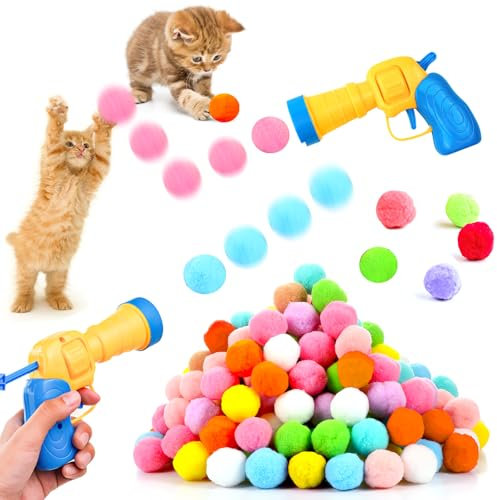 DAWRIS 2 Stück Katzenspielzeug Ball Pistole mit 100 Stück Katzenfilzbälle Weiche Katze Bälle Kätzchen Pom poms Ball Interaktives Katzenspielzeug Interaktivesspielzeug für Katzen Training Katzen Ball