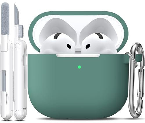 R-fun Custodia compatibile con Airpods 4th con kit di pulizia, custodia morbida in silicone con portachiavi, copertura protettiva completa compatibile con gli ultimi Airpods 4th di Apple,Verde pino