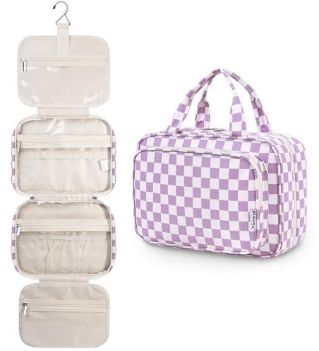 Narwey Kulturbeutel Damen Kulturtasche zum Aufhängen Waschtasche Kosmetiktasche Groß Waschbeutel Kosmetik-Organizer für Damen Mädchen(Lila Schachbrett)