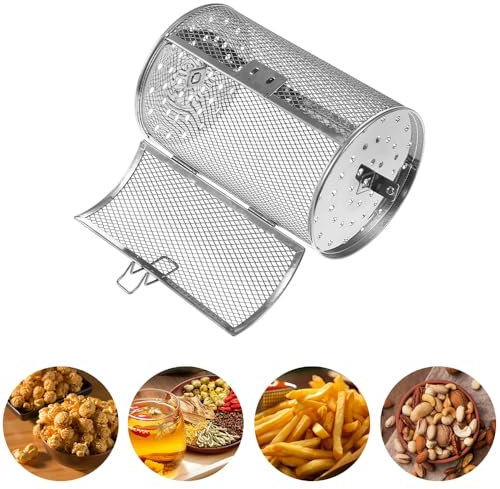 Edelstahl Rotisserie Grill Bräter Trommel, Grillkorb Edelstahl Grilling Basket Rollender BBQ Bratenkorb Grill Korb für Drehspieß Grillkorb für Außen Grill, Camping, Picknicken (silbrig, 18*12*12cm)