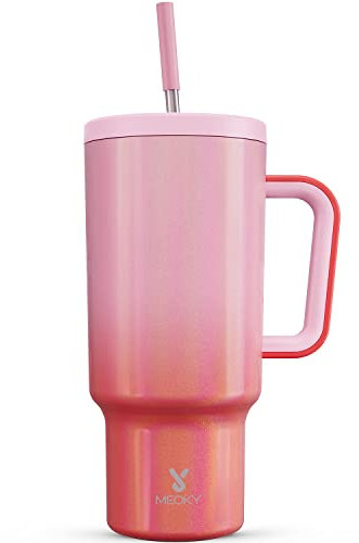 Meoky Mug Isotherme avec Paille et Poignée 1.2L, Tasse Isotherme 100% Anti-fuite, Chaud Pendant 12 Heures, Froid Pendant 34 Heures, Thermos Sans BPA (rouge et rose)