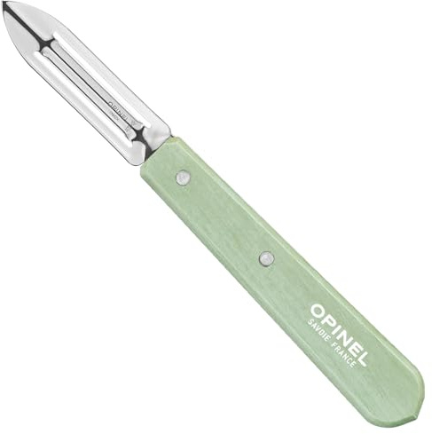 Opinel Gemüseschäler No. 115 Paysage salbei, Sparschäler mit 6 cm Edelstahlklinge Sandvik 12C27 und Buchenholzgriff, doppelte Klinge für Rechts und Linkshänder