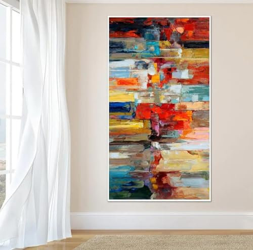 JACBON Grande peinture au couteau moderne peinte à la main, texture colorée, art mural abstrait, peinture à l'huile faite à la main sur toile, décoration d'intérieur, 70x140cm, sans cadre