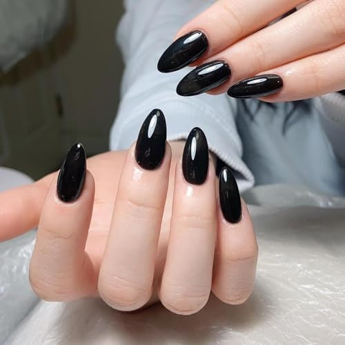 False Nails - Black Nail Stickers - Almond Color 30 Packs Of Long-shaped, Slender-shaped And Sticky Stickers - Glossy Full Coverage, Includes Tool for Easy Nail Art - Perfect Nail Art for Women
