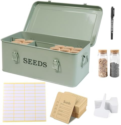 Gzsekken Seed Storage Box, Metal Seed Organiser with Safety Lock, 4 Compartment Garden Seeds Packet Container with 1 Pen, 12 Slots, 20 Labels & 30 Plant Envelopes, Heavy Duty Tin Gardening Gifts