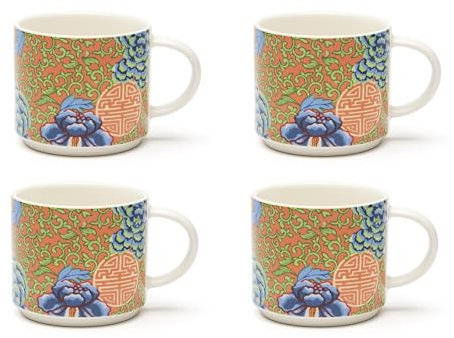 Excelsa La Via della Seta Set aus 4 Teetassen aus New Bone China, orientalische Dekoration Blau und Koralle