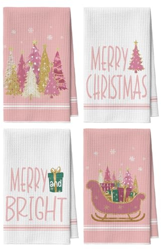 Artoid Mode Rosa Kiefern Schneeflocken Sterne Weihnachten Küchentücher Geschirrtücher, 42x65 cm Merry Xmas Mikrofaser Saugfähig Küchen Deko 4er Set