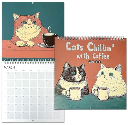 2 Stück Katzenkalender 2026,Katzen Chillin mit Kaffee 2026 Kalender,12 Monate Katzen-Kunst-Wandkalender,Katzen Mit Kaffee-Kalender Für Kat-zenliebhaber,Monatlicher Kat-zen Kale-nder