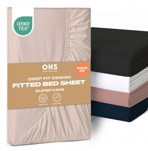 Brentfords Fitted Sheet Super King Size, Easy Care Soft Microfibre Fabric Deep Pocket 12 Inch (30) Shrinkage and Fade Resistant Plain Bedding Bottom Sheet, Stone - 183 x 200cm