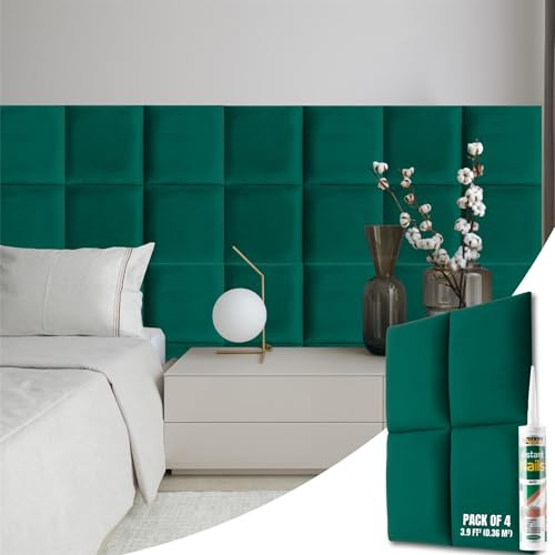 NOVECRAFTO Velvet Padded Wall Panels Set of 4 - Green Upholstered Anti-Collision Panels with Adhesive - H11.8 x W11.8 (30x30cm) Cushioned Paneling for Beds, Kids Room, Hallways & Feature Walls