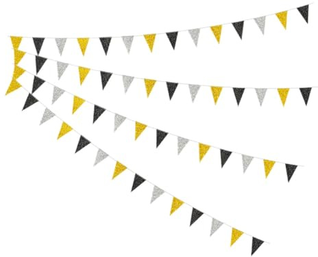 VANZACK Dreieckige Papier Wimpelkette 4m Abschlussfeier Party Banner Schwarz Gold Silber Leichte Hängende Girlande für Fenster Decken Wände