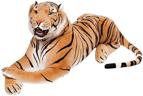 BRUBAKER Brüllender Tiger - Kuscheltier mit Zähnen Braun 130 cm - liegend lebensecht Stofftier Plüschtier - König des Dschungels