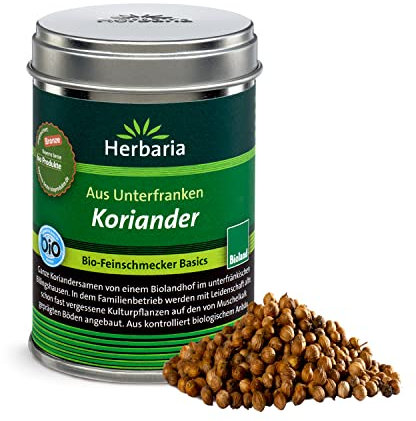 Herbaria Koriander 40g M-Dose – Bio Koriandersamen ganz – Bio Gewürze zum Würzen von indischen Currys, als Brotgewürz und für Lebkuchen – in nachhaltiger Aromaschutzdose