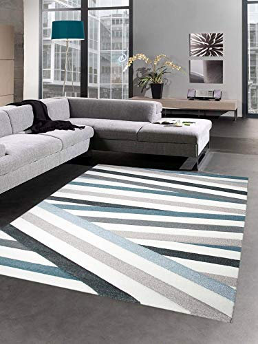 CARPETIA Teppich modern Kurzflor Teppich Wohnzimmerteppich Konturenschnitt Streifen Pastell blau braun Creme Größe 80 x 300 cm