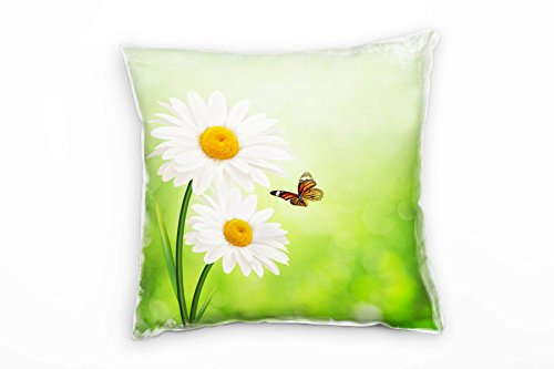 Paul Sinus Art Blumen, weiß, gelb, grün, Margerite, Schmetterling Deko Kissen 40x40cm für Couch Sofa Lounge Zierkissen - Dekoration zum Wohlfühlen