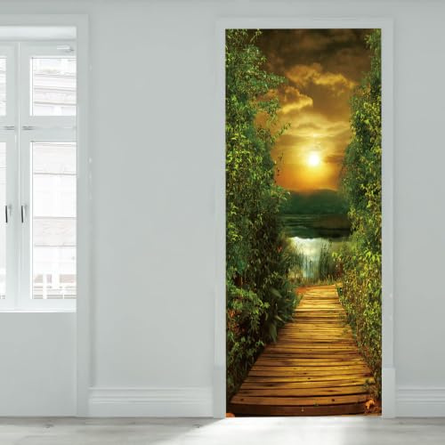 FLFK 3D Türtapete Selbstklebend TürPoster 77x200cm-Sonnenuntergang Holz Brücke Türaufkleber Abziehen und Aufkleben Mauer Aufkleber Zuhause Dekor(2 Stk/Set)